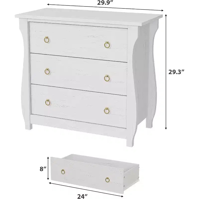 Commode à 3 tiroirs – Grande commode moderne style bohème avec pieds courbés, détails en rotin et rangement polyvalent pour chambre à coucher, salon, entrée ou balcon