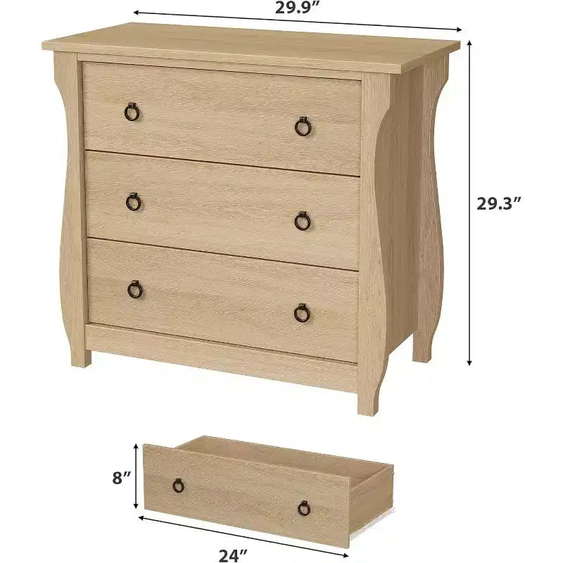 Commode à 3 tiroirs – Grande commode moderne style bohème avec pieds courbés, détails en rotin et rangement polyvalent pour chambre à coucher, salon, entrée ou balcon