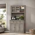 71 Tall Grey Kitchen Pantry Cabinet with Microwave Stand  Freestanding Storage with Glass Doors, Adjustable Shelves & Coffee Bar for Dining Room