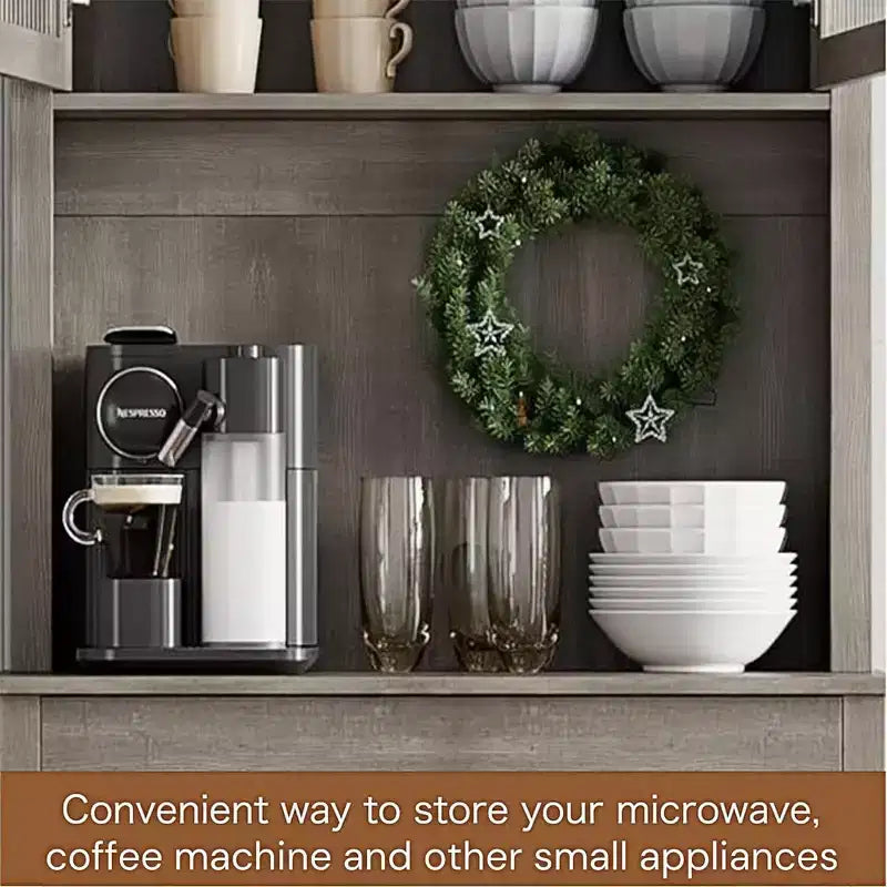 Armoire de cuisine haute grise de 71 po avec support pour micro-ondes, rangement autoportant avec portes vitrées, étagères réglables et bar à café pour salle à manger