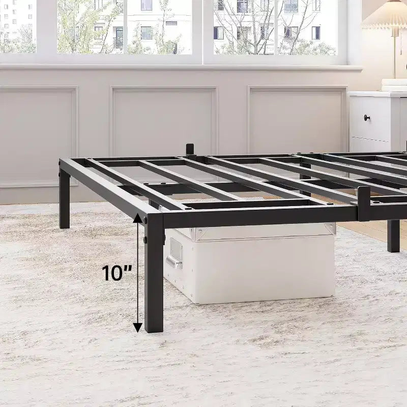 Cadre de lit en métal, plateforme de lit robuste avec lattes en acier et rangement sous le lit pour chambre à coucher/appartement – Pas besoin de sommier tapissier, sans bruit, assemblage facile