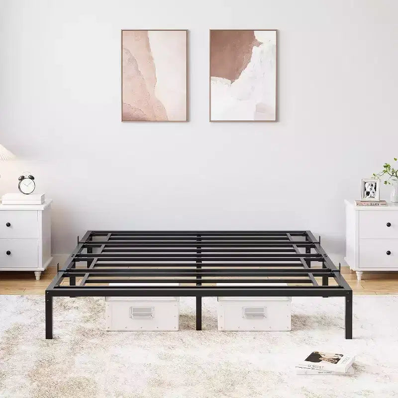 Cadre de lit en métal, plateforme de lit robuste avec lattes en acier et rangement sous le lit pour chambre à coucher/appartement – Pas besoin de sommier tapissier, sans bruit, assemblage facile