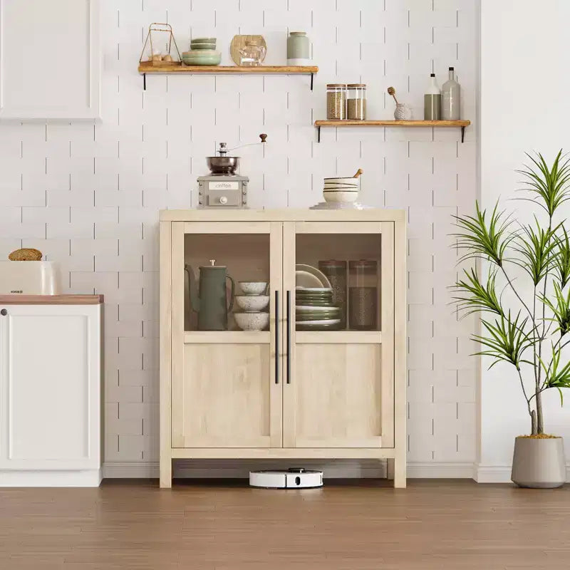 Bahut Vaisselier avec 2 Portes Vitrées - Grand Meuble de Rangement de 74 cm, Style Ferme Moderne, Convient pour la Cuisine, la Salle à Manger et le Salon