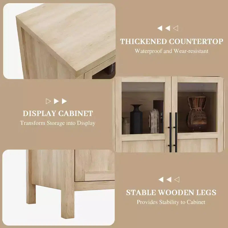 Bahut Vaisselier avec 2 Portes Vitrées - Grand Meuble de Rangement de 74 cm, Style Ferme Moderne, Convient pour la Cuisine, la Salle à Manger et le Salon