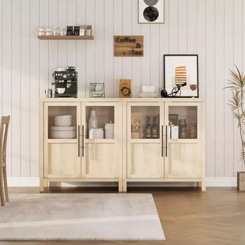 Bahut Vaisselier avec 2 Portes Vitrées - Grand Meuble de Rangement de 74 cm, Style Ferme Moderne, Convient pour la Cuisine, la Salle à Manger et le Salon