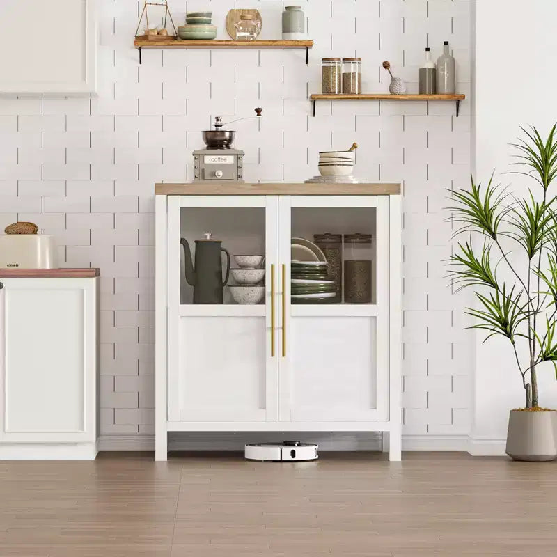 Bahut Vaisselier avec 2 Portes Vitrées - Grand Meuble de Rangement de 74 cm, Style Ferme Moderne, Convient pour la Cuisine, la Salle à Manger et le Salon