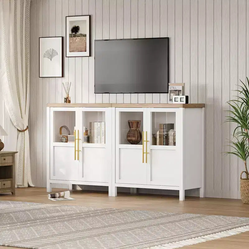 Bahut Vaisselier avec 2 Portes Vitrées - Grand Meuble de Rangement de 74 cm, Style Ferme Moderne, Convient pour la Cuisine, la Salle à Manger et le Salon
