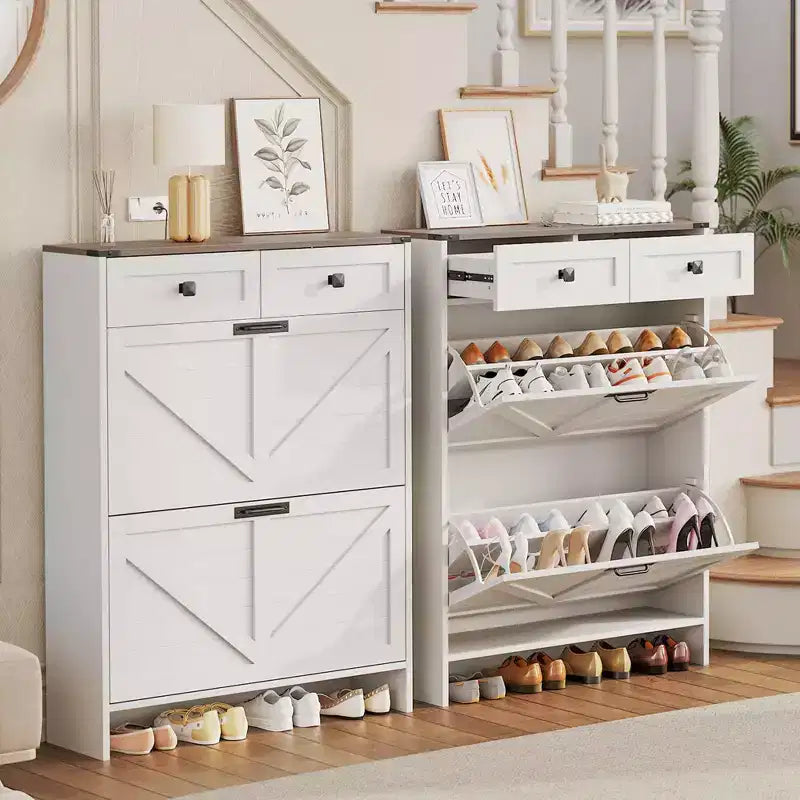 Meuble de Rangement à Chaussures avec 2 Tiroirs Basculants et 2 Armoires de Rangement, Étagère à Chaussures d'Entrée, Meuble à Chaussures en Bois de Style Ferme pour Couloir et Entrée
