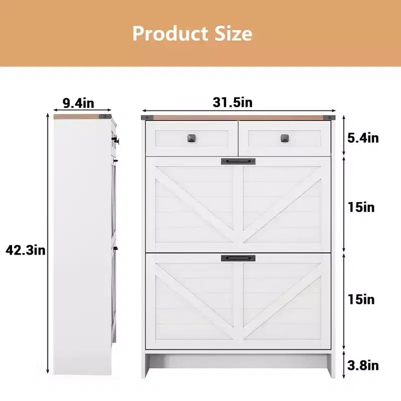 Meuble de Rangement à Chaussures avec 2 Tiroirs Basculants et 2 Armoires de Rangement, Étagère à Chaussures d'Entrée, Meuble à Chaussures en Bois de Style Ferme pour Couloir et Entrée
