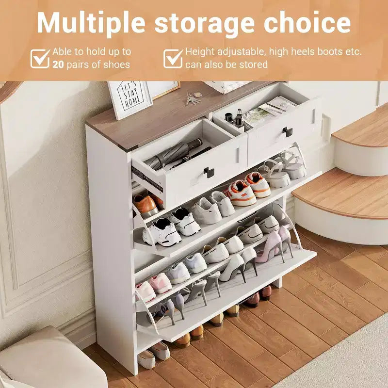Meuble de Rangement à Chaussures avec 2 Tiroirs Basculants et 2 Armoires de Rangement, Étagère à Chaussures d'Entrée, Meuble à Chaussures en Bois de Style Ferme pour Couloir et Entrée