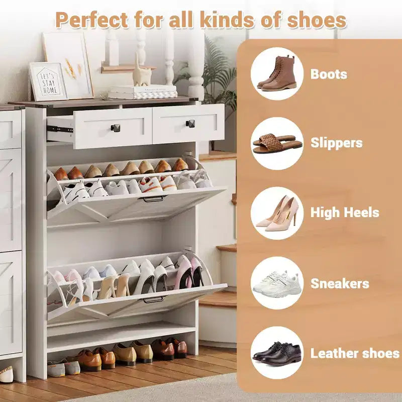 Meuble de Rangement à Chaussures avec 2 Tiroirs Basculants et 2 Armoires de Rangement, Étagère à Chaussures d'Entrée, Meuble à Chaussures en Bois de Style Ferme pour Couloir et Entrée