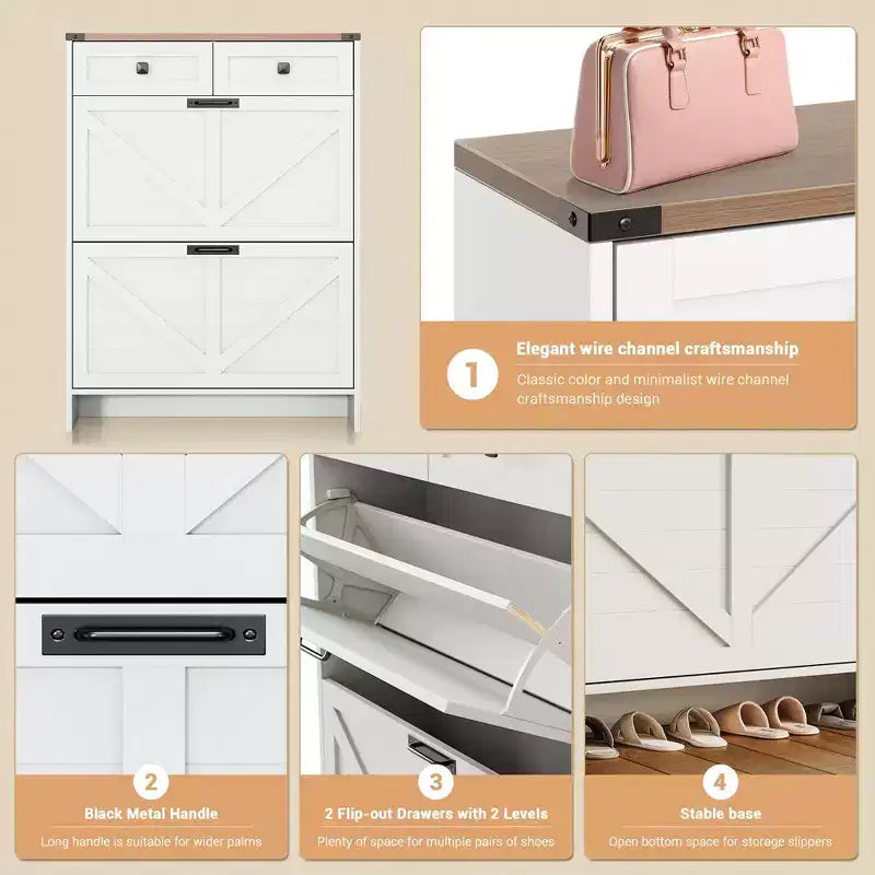 Meuble de Rangement à Chaussures avec 2 Tiroirs Basculants et 2 Armoires de Rangement, Étagère à Chaussures d'Entrée, Meuble à Chaussures en Bois de Style Ferme pour Couloir et Entrée
