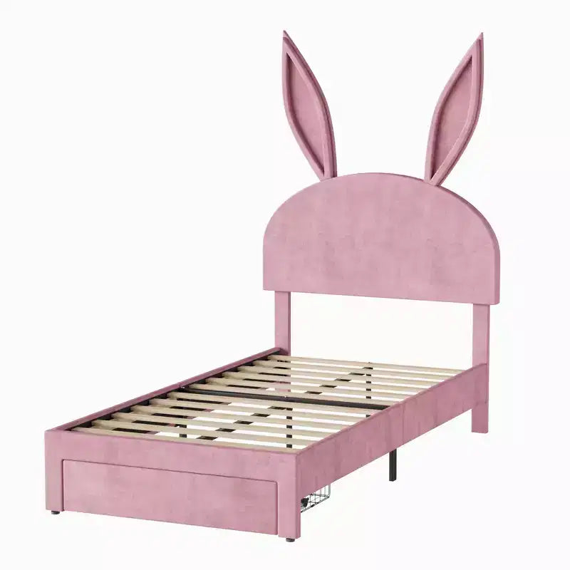 Cadre de lit double VECELO, lit pour filles avec tête de lit lapin réglable, lit plateforme de princesse avec tiroir de rangement, velours rose