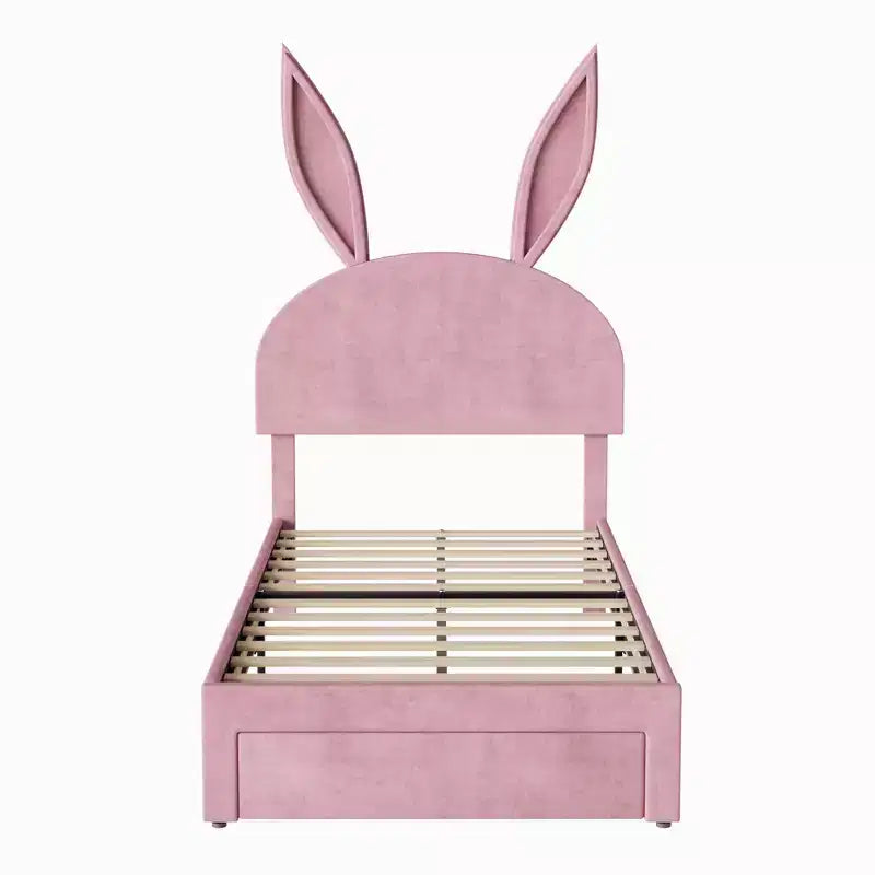 Cadre de lit double VECELO, lit pour filles avec tête de lit lapin réglable, lit plateforme de princesse avec tiroir de rangement, velours rose