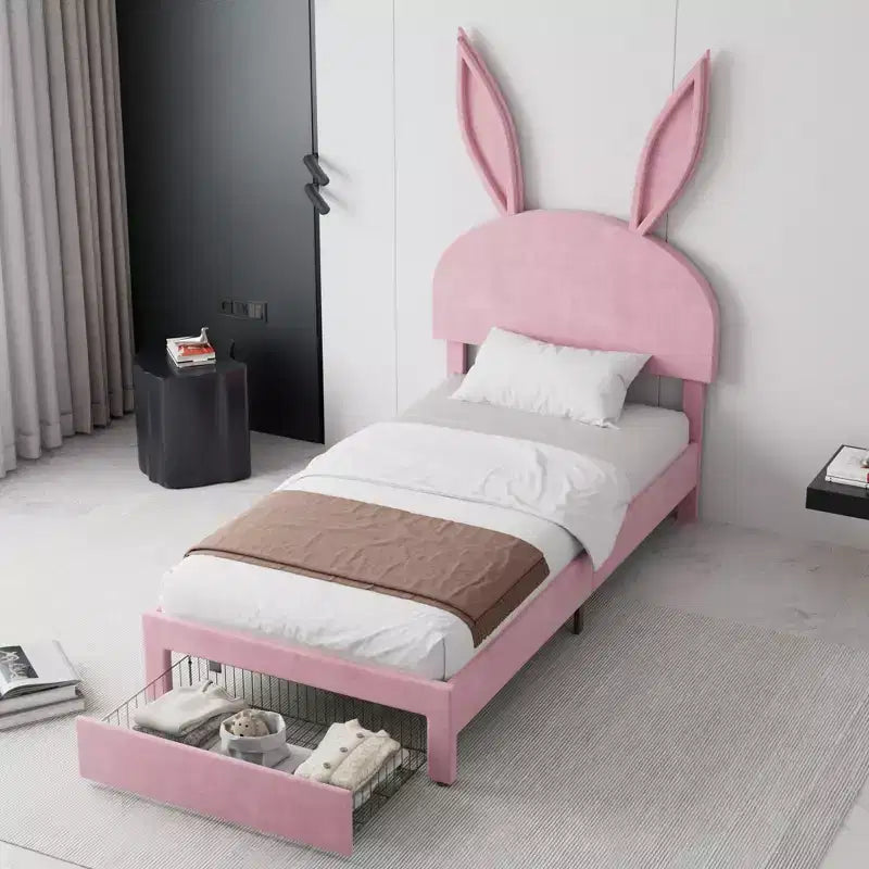 Cadre de lit double VECELO, lit pour filles avec tête de lit lapin réglable, lit plateforme de princesse avec tiroir de rangement, velours rose