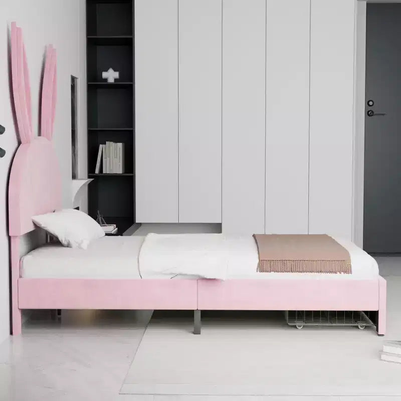 Cadre de lit double VECELO, lit pour filles avec tête de lit lapin réglable, lit plateforme de princesse avec tiroir de rangement, velours rose