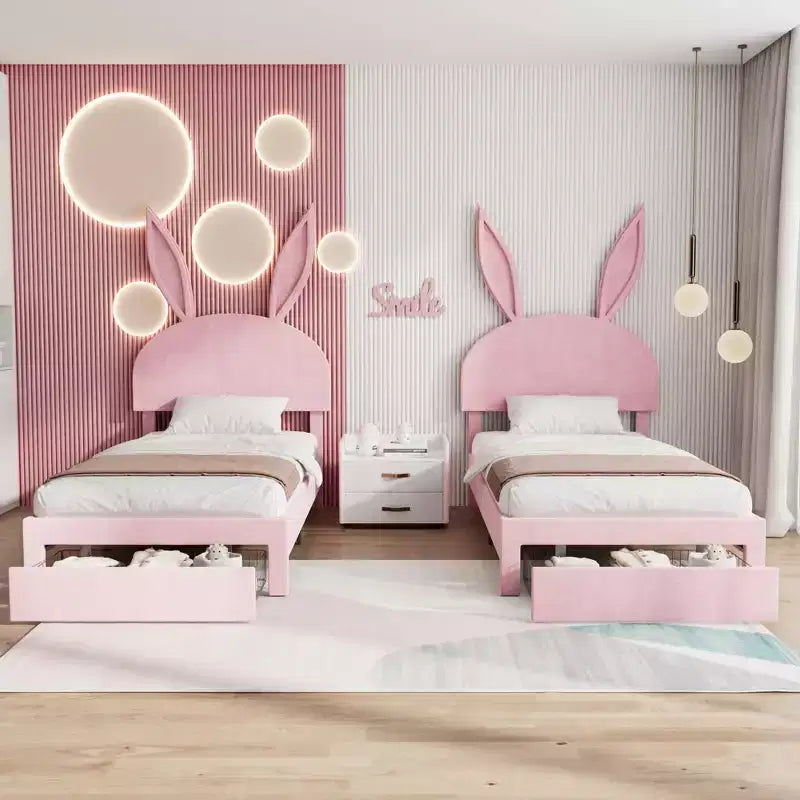 Cadre de lit double VECELO, lit pour filles avec tête de lit lapin réglable, lit plateforme de princesse avec tiroir de rangement, velours rose