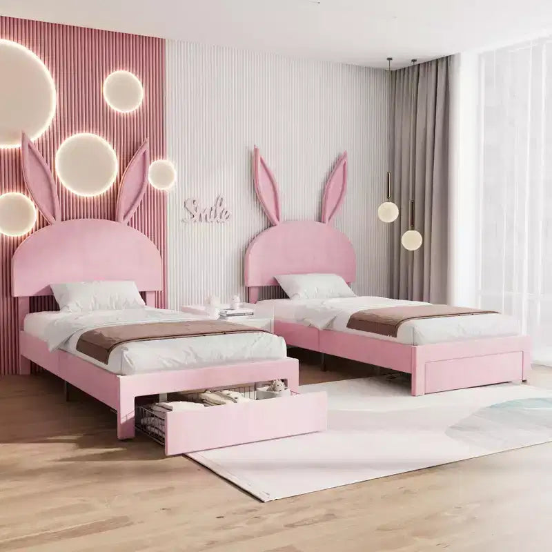 Cadre de lit double VECELO, lit pour filles avec tête de lit lapin réglable, lit plateforme de princesse avec tiroir de rangement, velours rose