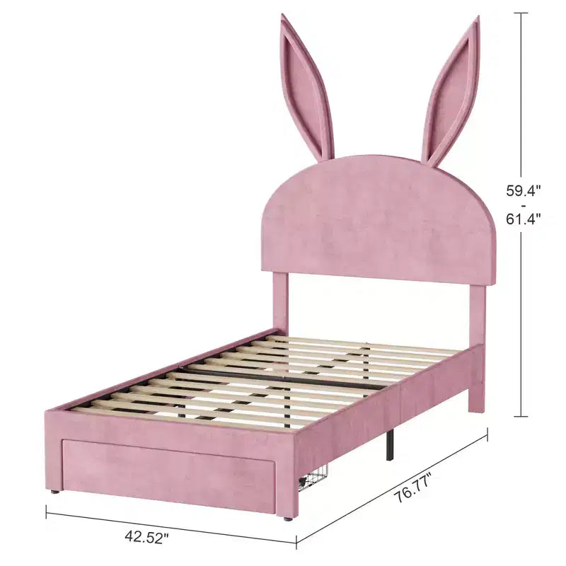 Cadre de lit double VECELO, lit pour filles avec tête de lit lapin réglable, lit plateforme de princesse avec tiroir de rangement, velours rose