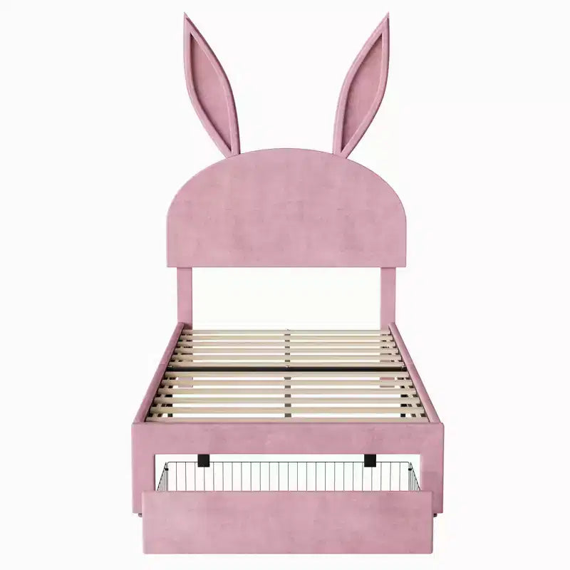 Cadre de lit double VECELO, lit pour filles avec tête de lit lapin réglable, lit plateforme de princesse avec tiroir de rangement, velours rose