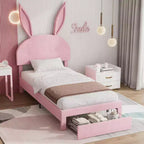 Cadre de lit double VECELO, lit pour filles avec tête de lit lapin réglable, lit plateforme de princesse avec tiroir de rangement, velours rose