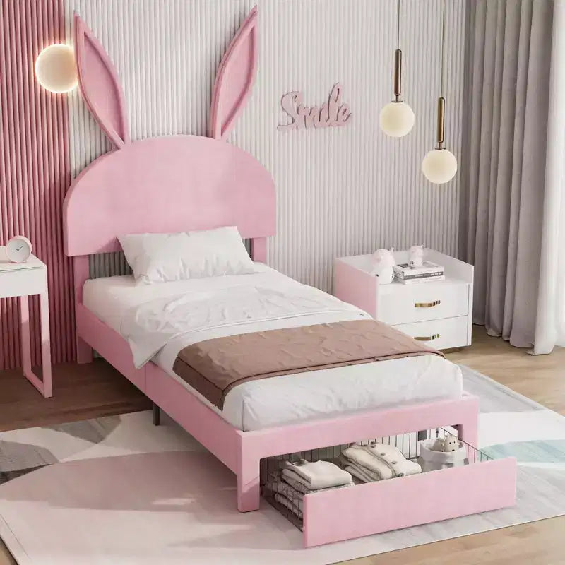 Cadre de lit double VECELO, lit pour filles avec tête de lit lapin réglable, lit plateforme de princesse avec tiroir de rangement, velours rose