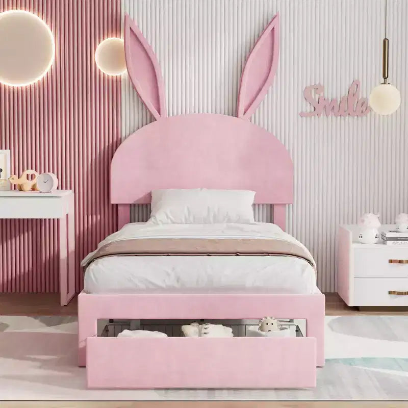 Cadre de lit double VECELO, lit pour filles avec tête de lit lapin réglable, lit plateforme de princesse avec tiroir de rangement, velours rose