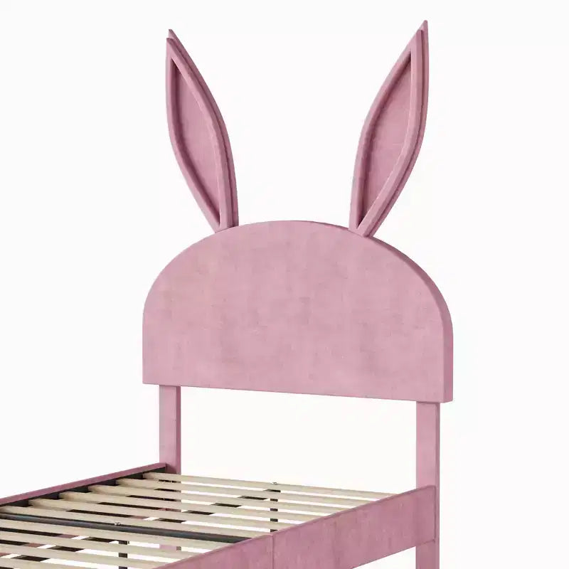 Cadre de lit double VECELO, lit pour filles avec tête de lit lapin réglable, lit plateforme de princesse avec tiroir de rangement, velours rose