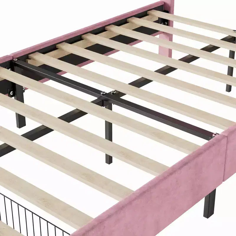 Cadre de lit double VECELO, lit pour filles avec tête de lit lapin réglable, lit plateforme de princesse avec tiroir de rangement, velours rose