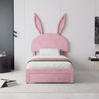 Cadre de lit double VECELO, lit pour filles avec tête de lit lapin réglable, lit plateforme de princesse avec tiroir de rangement, velours rose