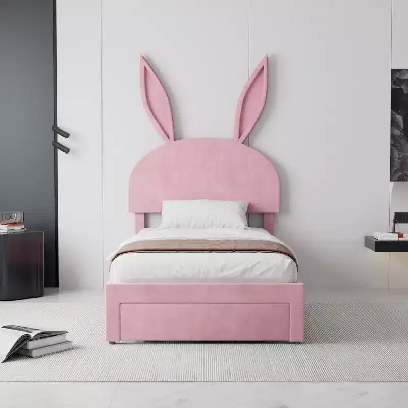 Cadre de lit double VECELO, lit pour filles avec tête de lit lapin réglable, lit plateforme de princesse avec tiroir de rangement, velours rose