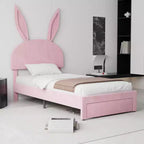 Cadre de lit double VECELO, lit pour filles avec tête de lit lapin réglable, lit plateforme de princesse avec tiroir de rangement, velours rose