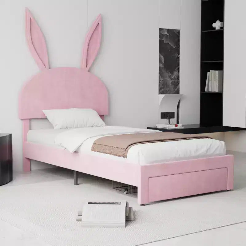 Cadre de lit double VECELO, lit pour filles avec tête de lit lapin réglable, lit plateforme de princesse avec tiroir de rangement, velours rose