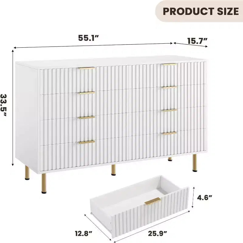 Commode moderne de 137 cm de large, commode de chambre à 8 tiroirs, organisateur de commode en bois, grande commode double meuble TV, pour salon, couloir