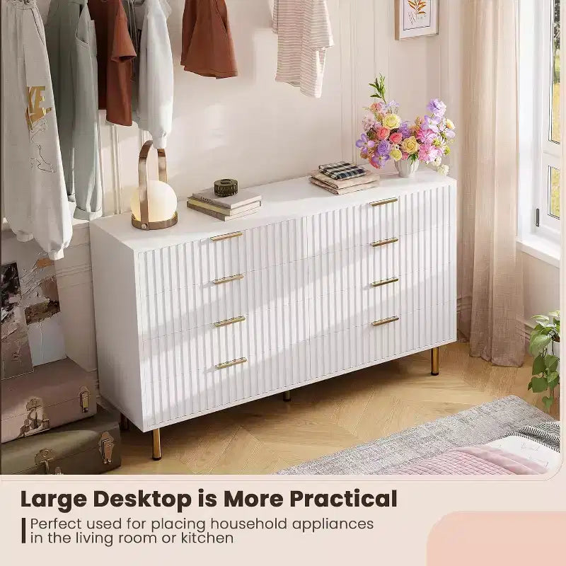 Commode moderne de 137 cm de large, commode de chambre à 8 tiroirs, organisateur de commode en bois, grande commode double meuble TV, pour salon, couloir