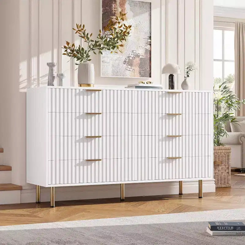 Commode moderne de 137 cm de large, commode de chambre à 8 tiroirs, organisateur de commode en bois, grande commode double meuble TV, pour salon, couloir