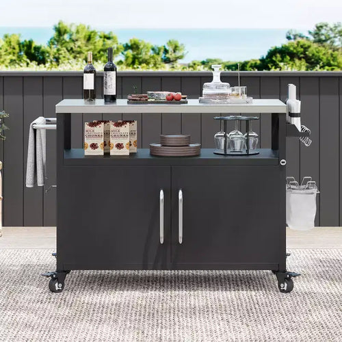 54.5 Outdoor Kitchen Island with Stainless Steel Tabletop, Spice Rack & Towel Rack, BBQ Grill Cart with Lockable Wheels, Black - ModernLuxe