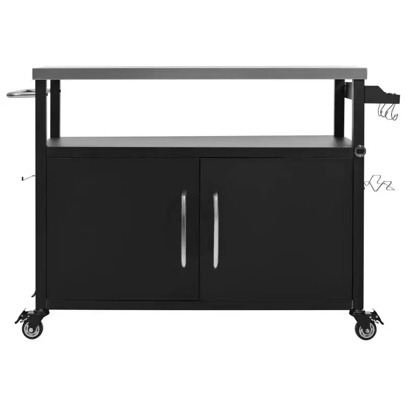 54,5 Îlot de cuisine d'extérieur avec plateau en acier inoxydable, support à épices et porte-serviettes, chariot de barbecue avec roues verrouillables, noir