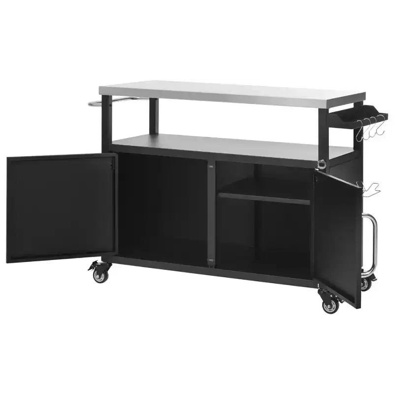 54,5 Îlot de cuisine d'extérieur avec plateau en acier inoxydable, support à épices et porte-serviettes, chariot de barbecue avec roues verrouillables, noir