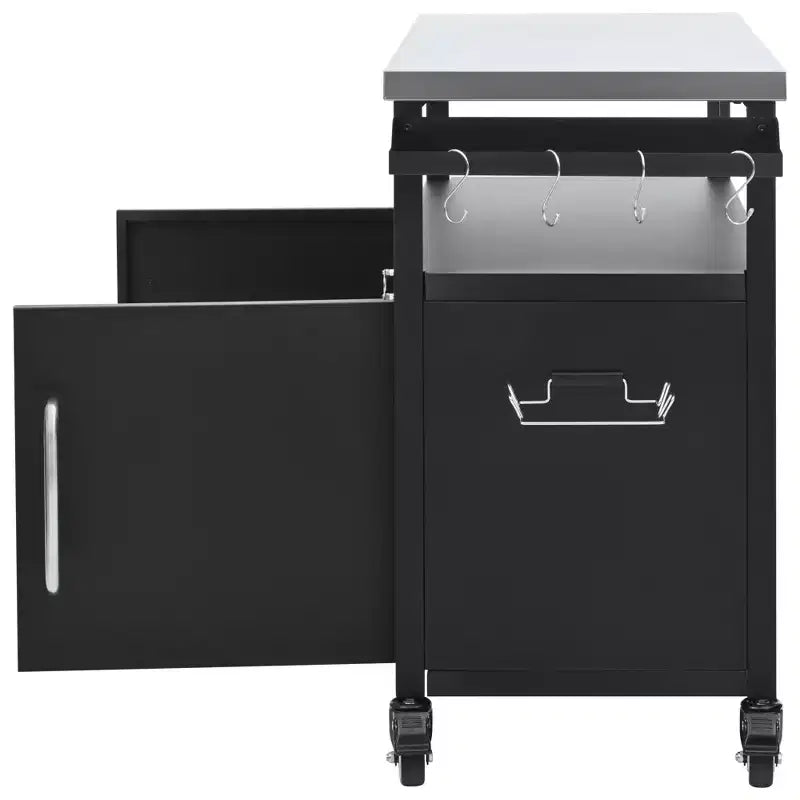 54,5 Îlot de cuisine d'extérieur avec plateau en acier inoxydable, support à épices et porte-serviettes, chariot de barbecue avec roues verrouillables, noir