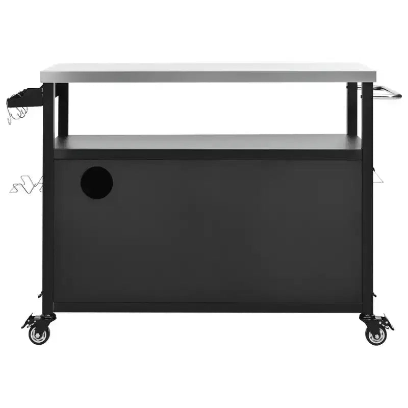 54,5 Îlot de cuisine d'extérieur avec plateau en acier inoxydable, support à épices et porte-serviettes, chariot de barbecue avec roues verrouillables, noir