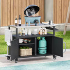 54,5 Îlot de cuisine d'extérieur avec plateau en acier inoxydable, support à épices et porte-serviettes, chariot de barbecue avec roues verrouillables, noir