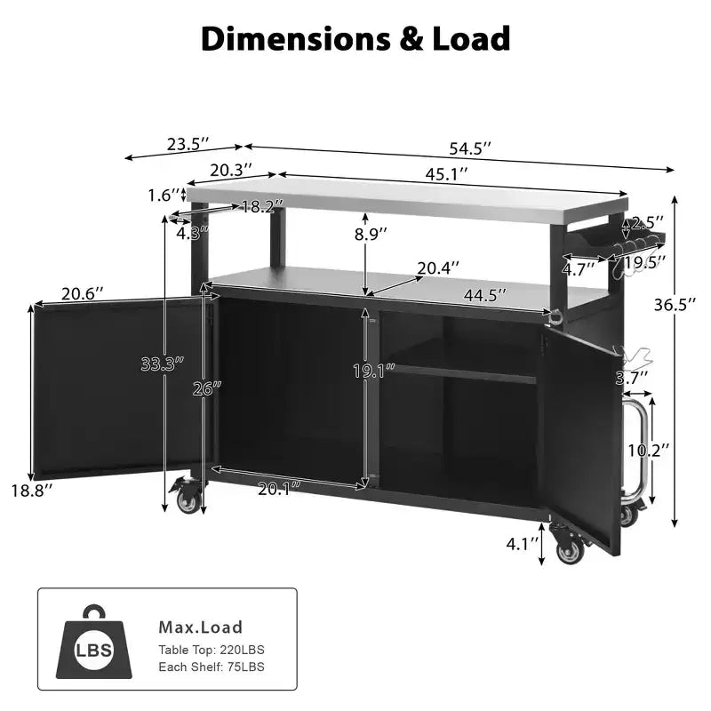 54,5 Îlot de cuisine d'extérieur avec plateau en acier inoxydable, support à épices et porte-serviettes, chariot de barbecue avec roues verrouillables, noir