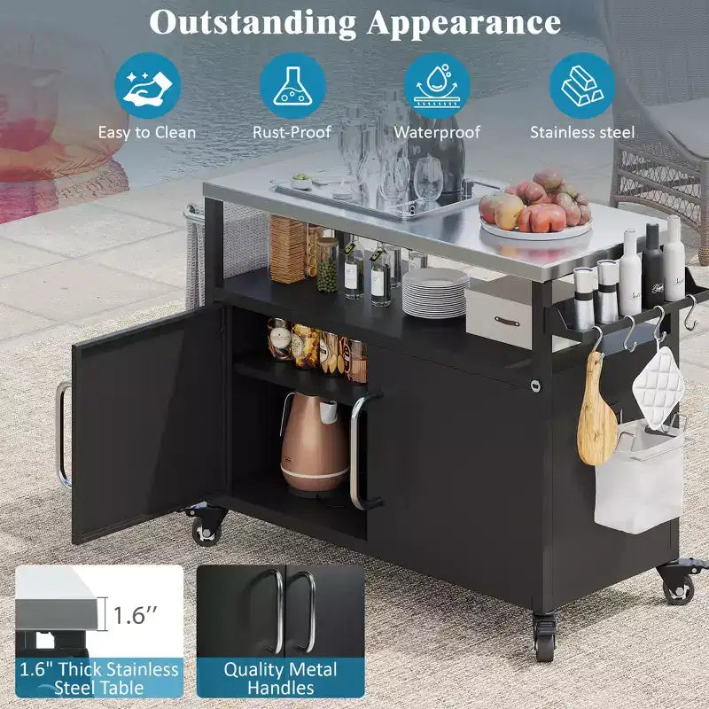 54,5 Îlot de cuisine d'extérieur avec plateau en acier inoxydable, support à épices et porte-serviettes, chariot de barbecue avec roues verrouillables, noir