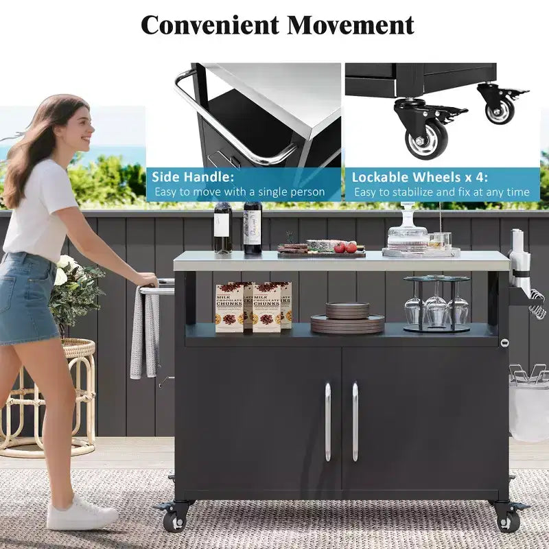 54,5 Îlot de cuisine d'extérieur avec plateau en acier inoxydable, support à épices et porte-serviettes, chariot de barbecue avec roues verrouillables, noir