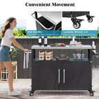 54,5 Îlot de cuisine d'extérieur avec plateau en acier inoxydable, support à épices et porte-serviettes, chariot de barbecue avec roues verrouillables, noir