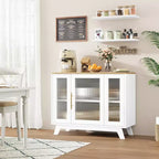 Meuble Buffet avec Rangement, Buffet 36" avec Porte en Verre Cannelé, Station de Café Rétro avec Étagère Réglable, Naturel