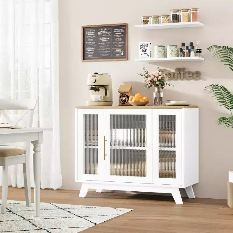 Meuble Buffet avec Rangement, Buffet 36" avec Porte en Verre Cannelé, Station de Café Rétro avec Étagère Réglable, Naturel