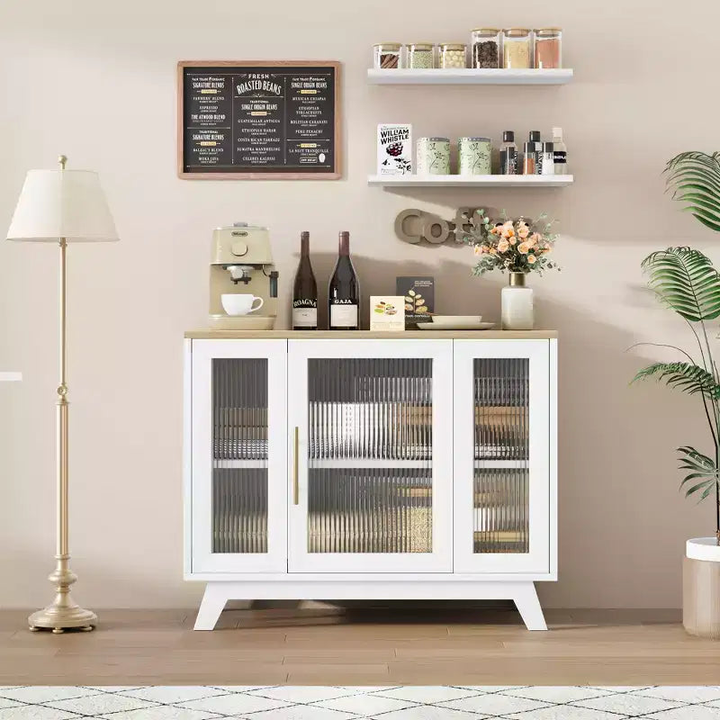 Meuble Buffet avec Rangement, Buffet 36" avec Porte en Verre Cannelé, Station de Café Rétro avec Étagère Réglable, Naturel