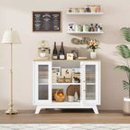Meuble Buffet avec Rangement, Buffet 36" avec Porte en Verre Cannelé, Station de Café Rétro avec Étagère Réglable, Naturel